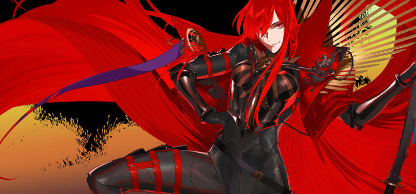 1girl armor belt black_bodysuit bodysuit bracer breastplate breasts cape chain collared_cape family_crest fate/grand_order fate_(series) greaves hair_over_one_eye high_heels koha-ace large_breasts long_hair looking_at_viewer medallion oda_nobunaga_(fate) oda_nobunaga_(maou_avenger)_(fate) oda_uri pako_(pakosun) popped_collar red_cape red_eyes red_hair smile solo thighs very_long_hair