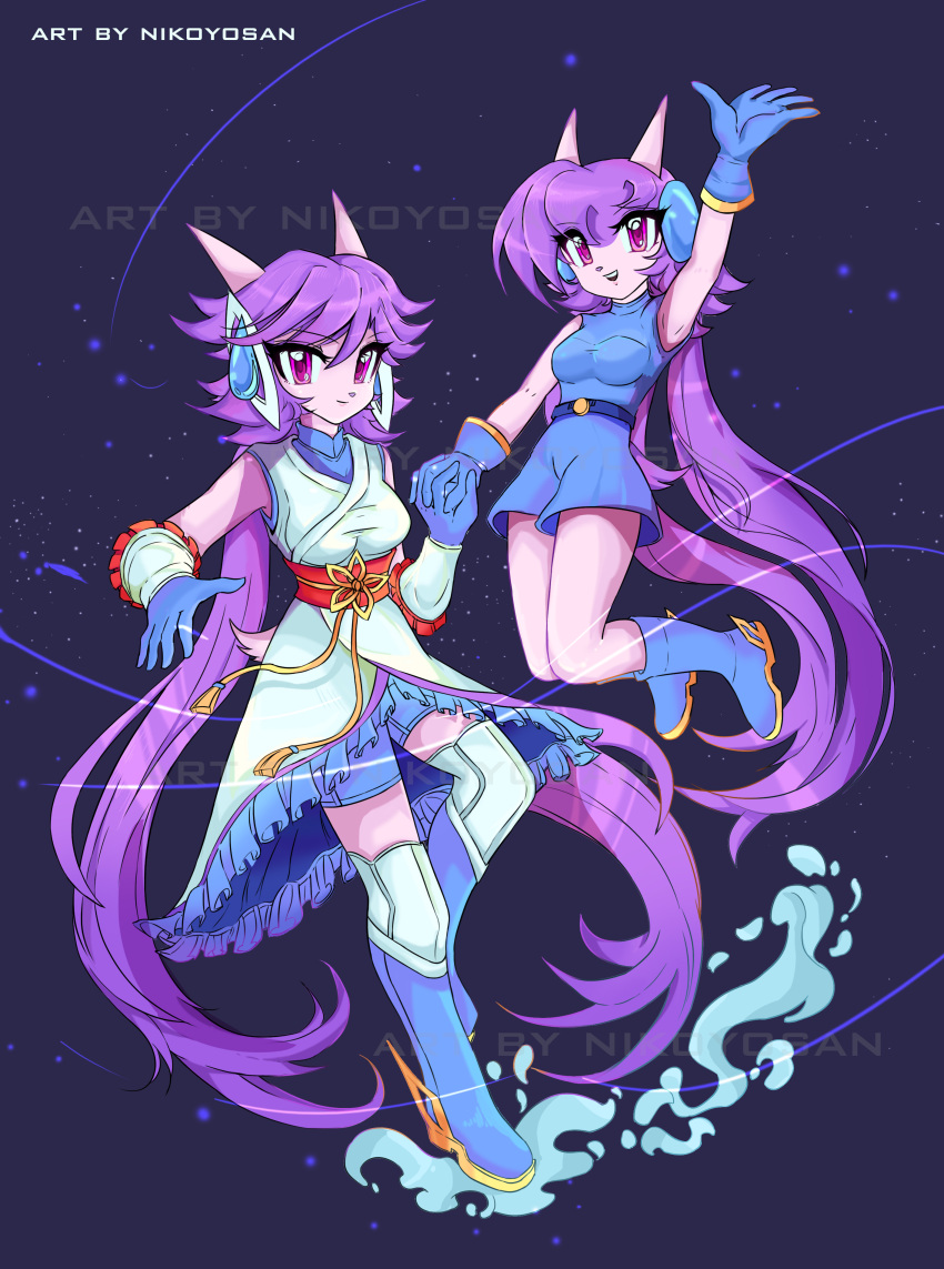 2022 absurd_res anthro aquatic_dragon boots breasts clothed clothing dragon duo female footwear freedom_planet freedom_planet_2 fur galaxytrail gloves hair hand_holding handwear hi_res horn hybrid long_hair mammal marine nikoyosan purple_body purple_eyes purple_fur purple_hair sash_lilac scut_tail short_tail square_crossover tail