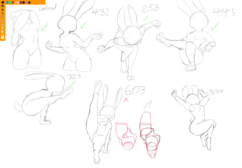 absurd_res anthro camel_toe disney female genital_outline hi_res judy_hopps model_sheet pose pussy_outline silhouette simple_background sketch solo spoof_(artist) spread_legs spreading white_background yoga zootopia