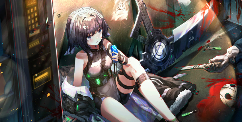 1girl absurdres against_wall arknights bare_shoulders black_eyes black_hair blood breasts can chewi corpse fur-trimmed_jacket fur_trim hair_ornament hairclip highres holding holding_can holding_knife jacket knife la_pluma_(arknights) mask pool_of_blood scythe shorts sitting solo_focus vending_machine