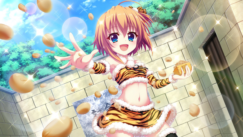1girl :d ahoge animal_print bare_shoulders beans black_thighhighs blue_eyes blue_sky bow breasts cloud day detached_collar detached_sleeves dot_nose dutch_angle film_grain game_cg hair_bow izumi_tsubasu lens_flare midriff navel non-web_source official_art oni_costume open_mouth orange_hair outdoors print_bow print_skirt print_sleeves re:stage! setsubun shikimiya_mana short_hair skirt sky small_breasts smile solo sparkle stomach thighhighs throwing tiger_print tree white_trim zettai_ryouiki