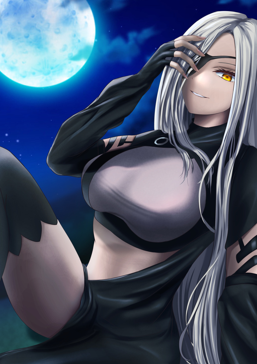 1girl 6256256 absurdres alchemist_(girls'_frontline) black_dress black_gloves black_thighhighs blue_sky breasts cloud commentary_request dress elbow_gloves eyepatch fingerless_gloves fingernails full_moon girls'_frontline gloves grin hand_over_eye highres knee_up large_breasts long_fingernails long_hair looking_at_viewer midriff moon night outdoors parted_lips partial_commentary sangvis_ferri sitting sky smile solo thighhighs very_long_hair white_hair yellow_eyes