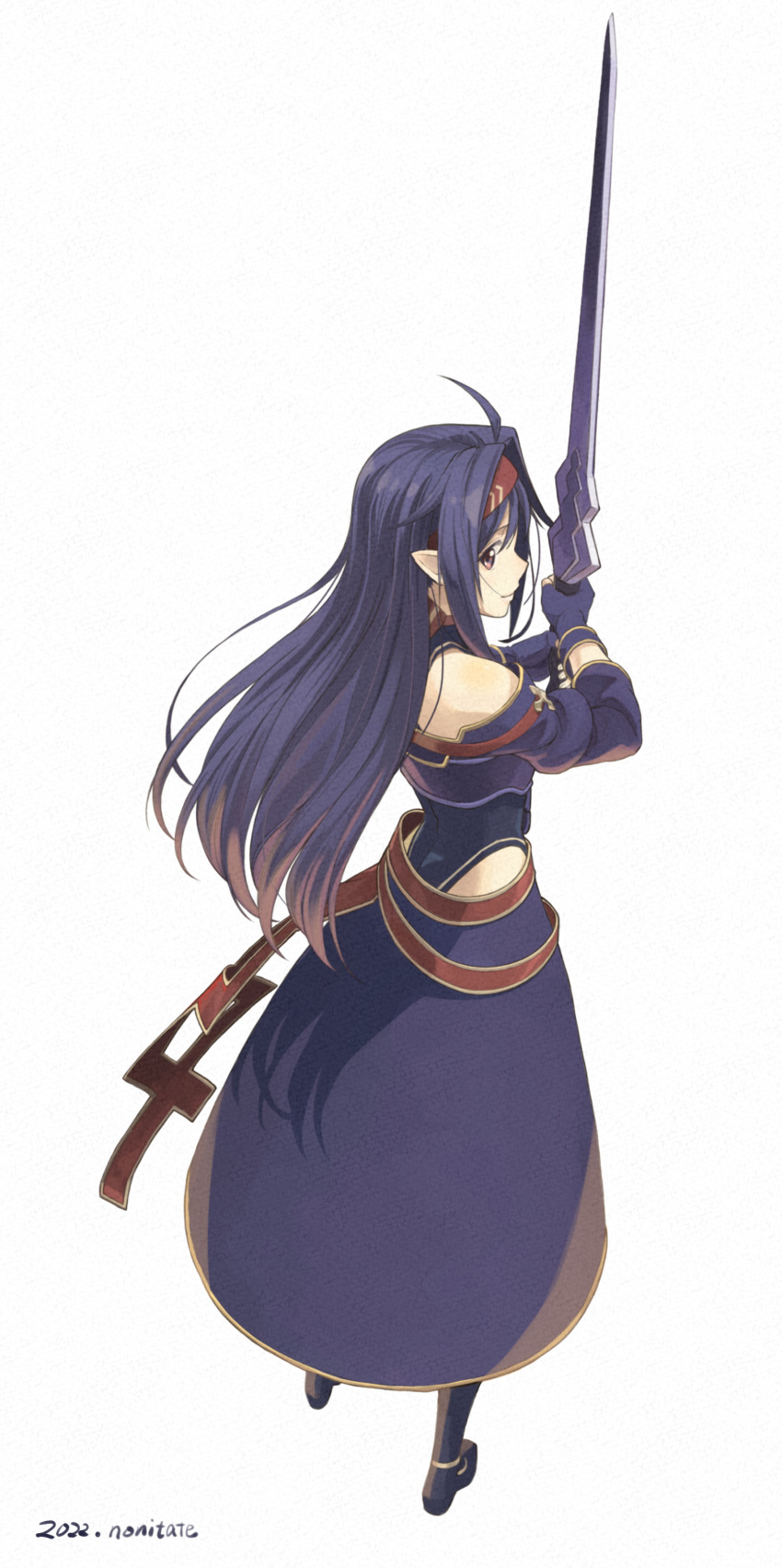 1girl absurdres ahoge artist_name bare_shoulders dated fingerless_gloves full_body gloves hairband highres holding holding_sword holding_weapon leotard long_hair looking_at_viewer looking_to_the_side nonitate pointy_ears purple_gloves purple_hair red_eyes red_hairband solo sword sword_art_online weapon white_background yuuki_(sao)