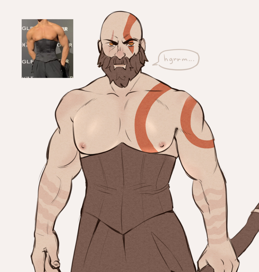 1boy bald bara bare_pectorals beard black_corset corset cowboy_shot facial_hair frown god_of_war head_tattoo highres holding holding_weapon kratos large_pectorals looking_at_viewer male_focus mature_male muscular muscular_male nipples parody parody_request pectorals reference_inset sadmishutka sanpaku solo thick_eyebrows thick_mustache weapon