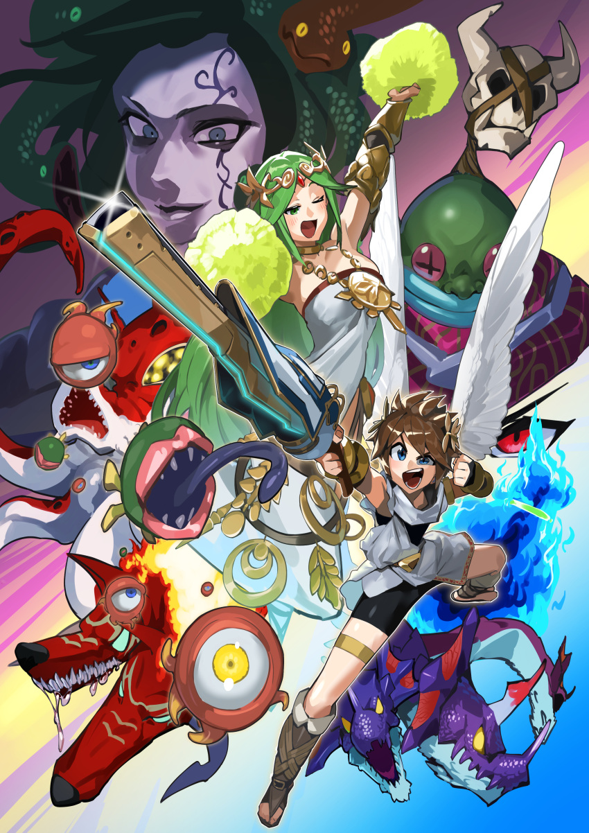 2boys 3girls absurdres angel angel_wings animal_ears armlet blue_eyes blue_fire breasts brown_hair chain colored_sclera colored_skin commentary_request diadem dog_ears dragon dress fire gold_chain green_eyes green_hair green_skin hewdraw highres holding holding_weapon jewelry kid_icarus kid_icarus_uprising kraken laurel_crown medusa_(kid_icarus) monoeye multiple_boys multiple_girls one-eyed one_eye_closed open_mouth palutena pandora_(kid_icarus) pendant pit_(kid_icarus) pom_pom_(cheerleading) red_sclera scarf skull snake_hair strapless strapless_dress tako_majin teeth tentacles thanatos_(kid_icarus) thighlet twinbellows v-shaped_eyebrows weapon wings yellow_sclera