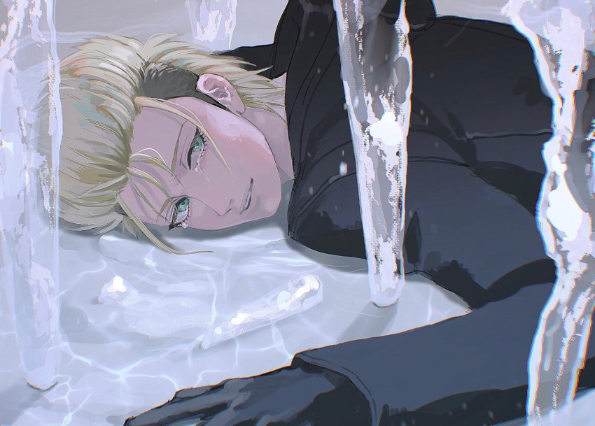1boy black_coat black_gloves blonde_hair cloak coat crying demyx gloves green_eyes ice icicle kingdom_hearts long_sleeves lying male_focus mohawk smile solo spiked_hair tdmmt_r tears water