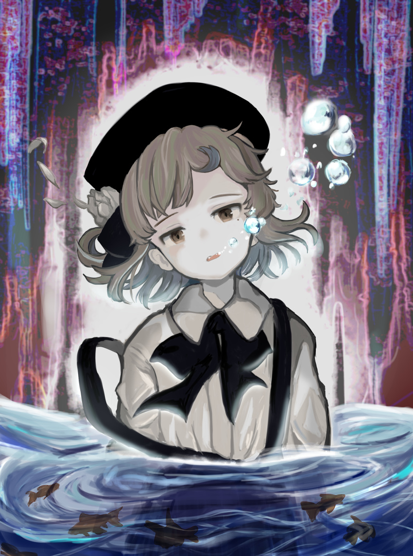 1girl abstract_background beret black_headwear black_ribbon black_skirt brown_eyes bubble collared_shirt commentary cowboy_shot expressionless fangs fish floating_hair flower goldfish hair_flower hair_ornament hair_ribbon half-closed_eyes hat hatoba_tsugu head_tilt highres light_brown_hair medium_hair miura_(herselves) mole mole_under_eye neck_ribbon open_mouth pale_skin partially_submerged petals ribbon ripples rose shirt shirt_tucked_in single_hair_ring skirt solo suspender_skirt suspenders suspenders_slip tsugu_(vtuber) virtual_youtuber water white_flower white_rose white_shirt