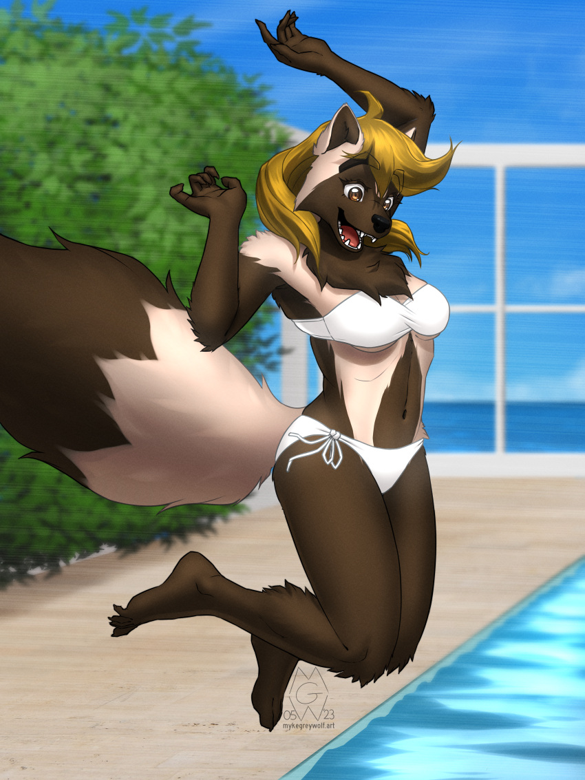 2023 3:4 5_fingers 5_toes absurd_res anthro barefoot bikini bikini_bottom bikini_top blonde_hair breasts brown_body brown_eyes brown_fur claws cleavage clothed clothing digital_media_(artwork) feet female fingers fluffy fluffy_tail fur gulonine hair happy hi_res hindpaw humanoid_hands jumping long_tail mammal mel_(mykegreywolf) midair mustelid musteline mykegreywolf navel neck_tuft paws plantigrade short_hair smile solo strapless_bikini strapless_clothing strapless_swimwear swimming_pool swimwear tail tan_body tan_fur teeth toe_claws toes tuft water wolverine