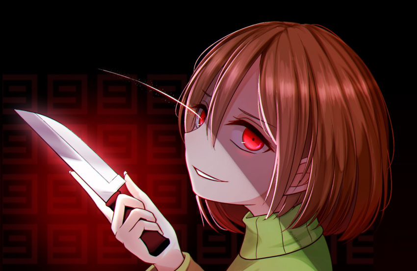 1other androgynous black_background bob_cut brown_hair chara_(undertale) close-up commentary constricted_pupils english_commentary evil_smile eyelashes from_side glowing glowing_eyes gradient_background green_sweater hair_between_eyes holding holding_knife holding_weapon knife long_sleeves looking_at_viewer looking_to_the_side loose_hair_strand motion_lines number_background parted_lips red_background red_eyes shaded_face shadow short_hair smile solo spoilers sweater turtleneck turtleneck_sweater undertale weapon yuupontan.