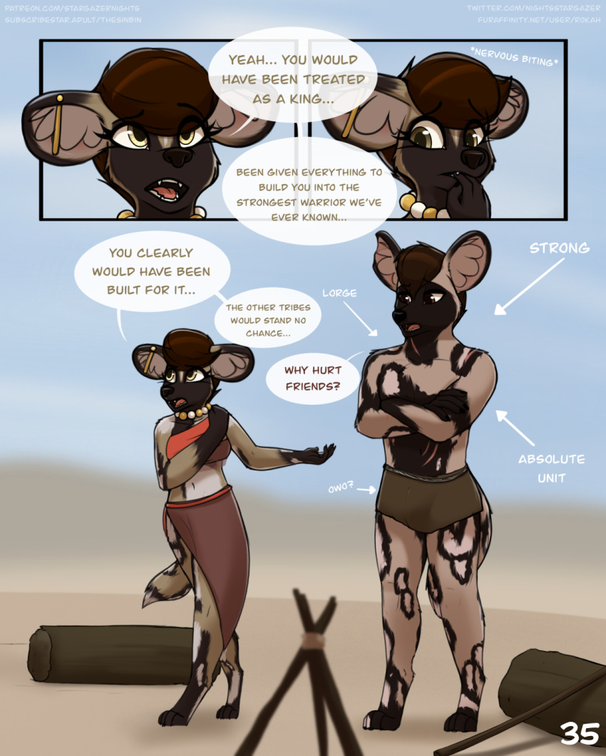 2023 4_toes 5_fingers african_wild_dog anthro barefoot black_nose bottomwear breasts brown_body brown_eyes brown_fur brown_hair canid canine claws clothed clothing comic crossed_arms day desert dialogue digital_media_(artwork) duo ear_piercing english_text fangs feet female finger_claws fingers fur hair hi_res hindpaw humanoid_hands industrial_piercing jewelry kee'lo loincloth looking_at_another male mammal markings multicolored_body multicolored_fur navel neck_markings necklace outside owo page_number paws piercing sand sitting speech_bubble standing stargazer teeth text toes tongue topless topless_anthro topless_male tribal url vega_(stargazer)