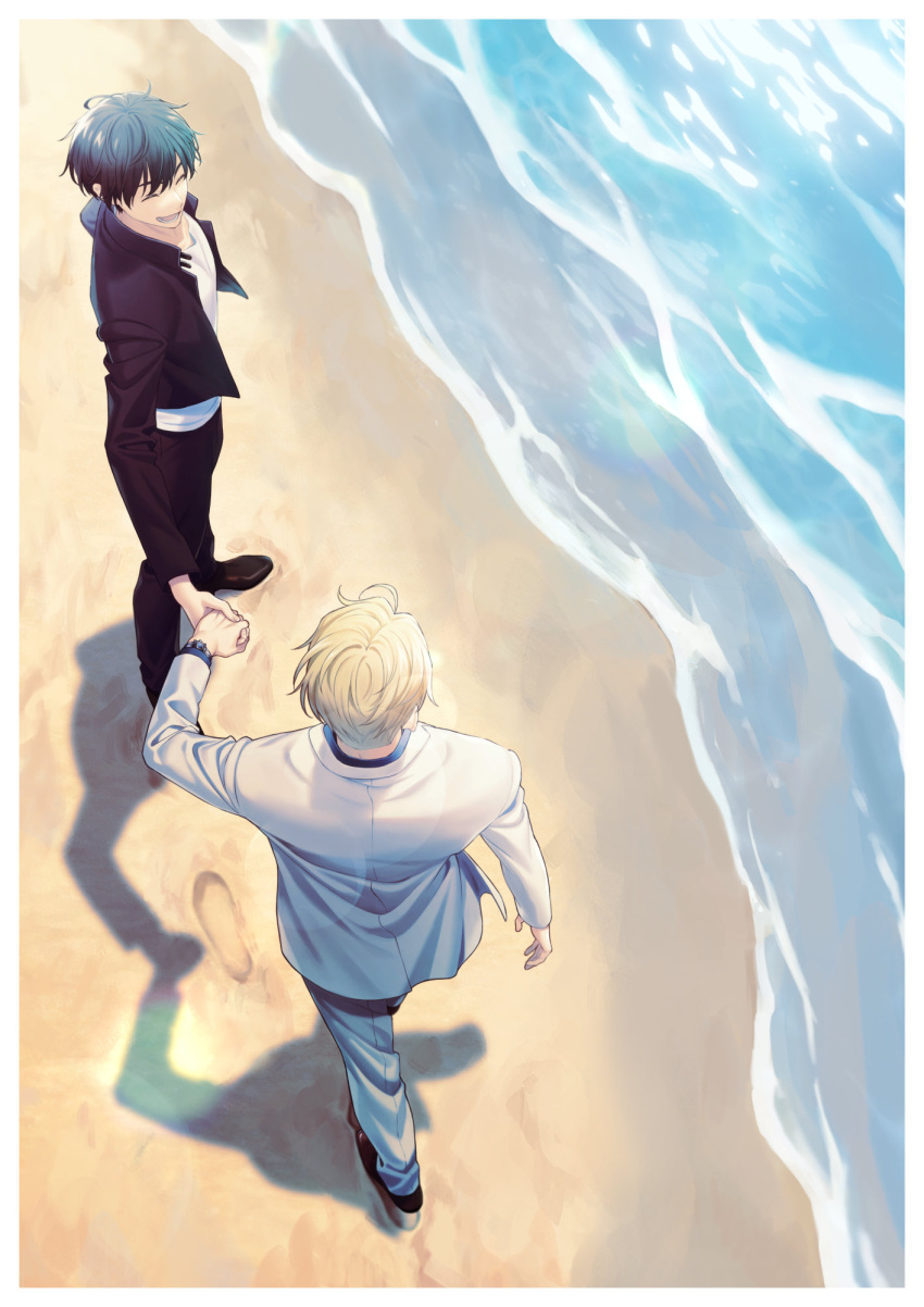 2boys ^_^ beach black_footwear black_hair black_jacket black_pants blonde_hair border closed_eyes from_above grin haibara_yu highres holding_hands jacket jujutsu_kaisen jujutsu_tech_uniform long_sleeves male_focus multiple_boys nanami_kento outdoors pants school_uniform shirt shoes short_hair smile teeth tsuta_3 watch white_border white_jacket white_pants white_shirt wristwatch