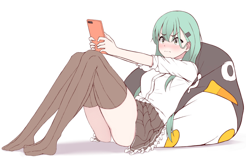 1girl absurdres bangs blush brown_skirt brown_thighhighs buttons cellphone closed_mouth collared_shirt failure_penguin frilled_skirt frills green_eyes green_hair hair_between_eyes hair_ornament hairclip highres holding holding_phone kantai_collection long_hair panties phone shirt sidelocks simple_background skirt smartphone solo suzuya_(kancolle) thighhighs tiemu_(man190) underwear white_background white_panties white_shirt