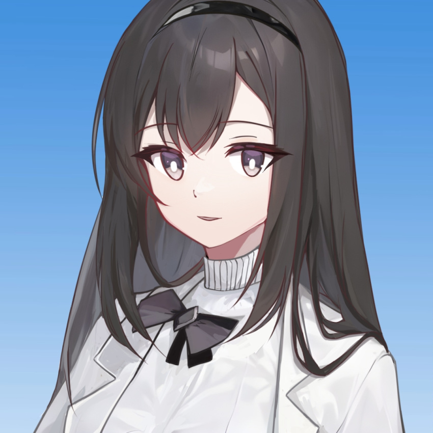 1girl arknights black_bow black_hairband blue_background bow brown_eyes brown_hair hairband jacket long_hair long_wuxian looking_at_viewer open_clothes open_jacket parted_lips priestess_(arknights) shirt simple_background solo turtleneck upper_body white_jacket white_shirt