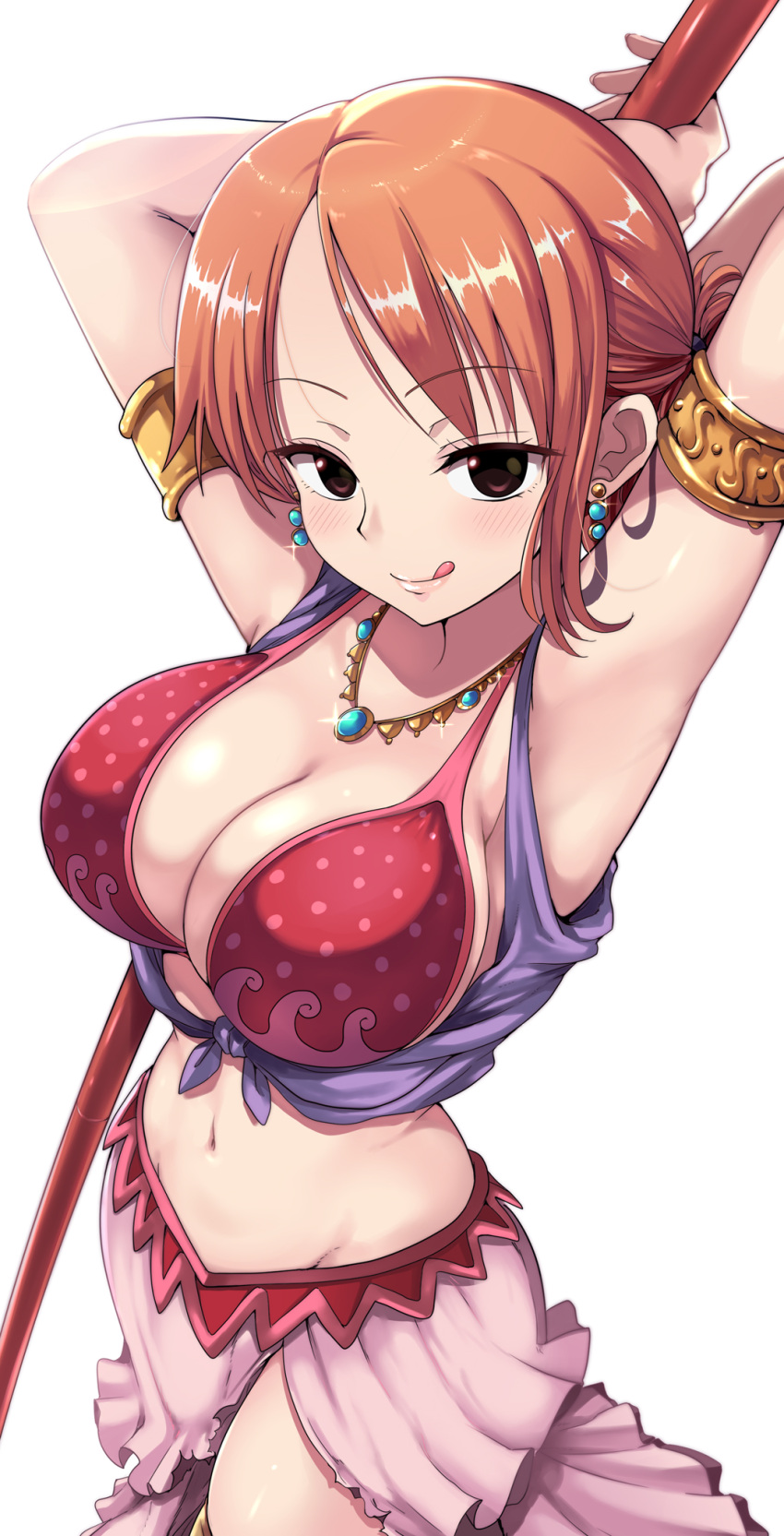 :q arm_tattoo armlet arms_behind_head bikini bikini_top_only breasts cleavage earrings from_above highres holding holding_polearm holding_weapon jewelry kasai_shin large_breasts midriff nami_(one_piece) navel necklace one_piece orange_hair polearm short_hair skirt swimsuit tattoo tongue tongue_out weapon