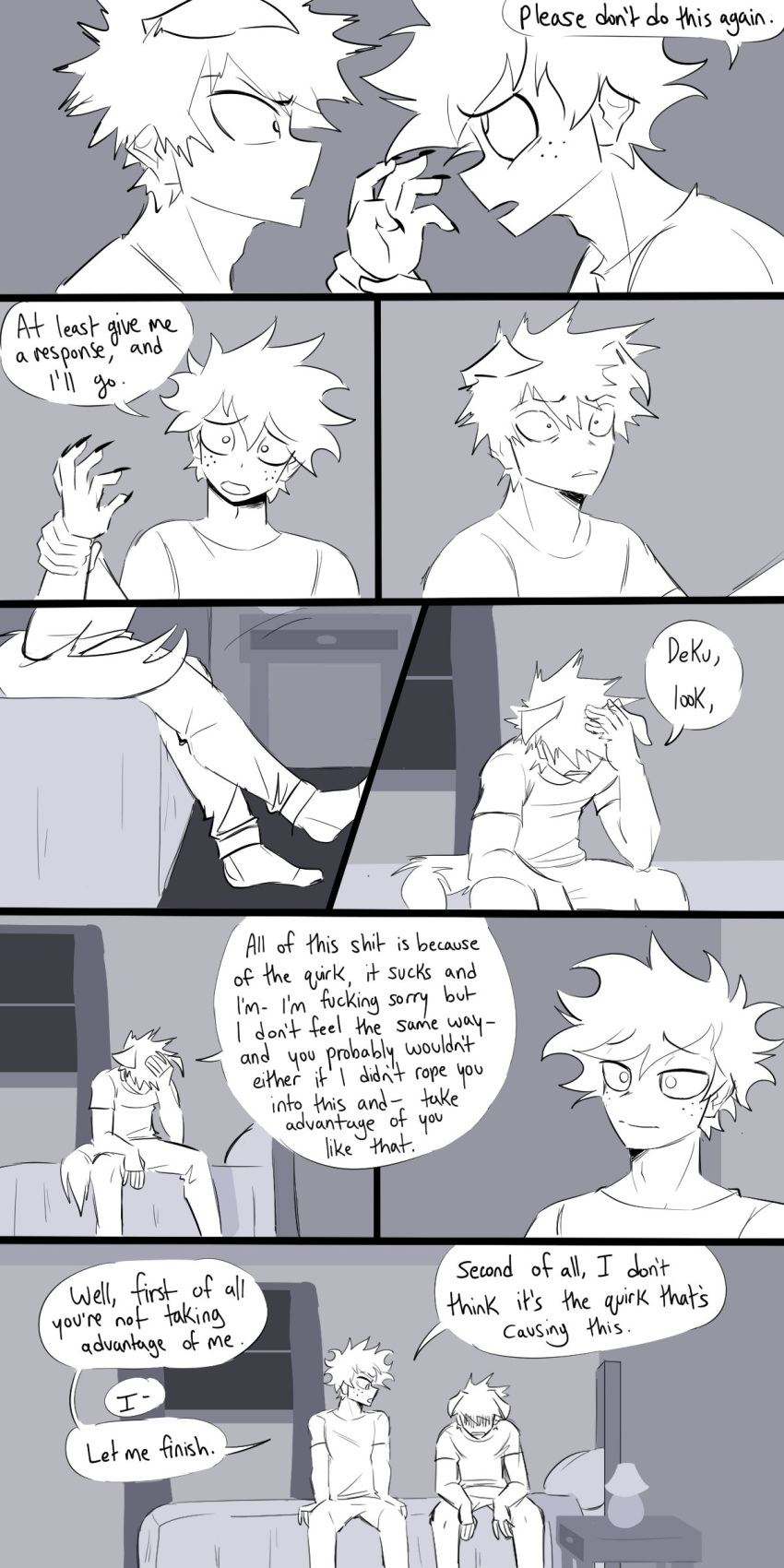 absurd_res animal_humanoid bed canid canid_humanoid canine canine_humanoid clawed_fingers comic dialogue dog_humanoid duo english_text floppy_ears furniture hi_res human humanoid inside izuku_midoriya katsuki_bakugou male mammal mammal_humanoid my_hero_academia pretty_werewolf sitting speech_bubble text