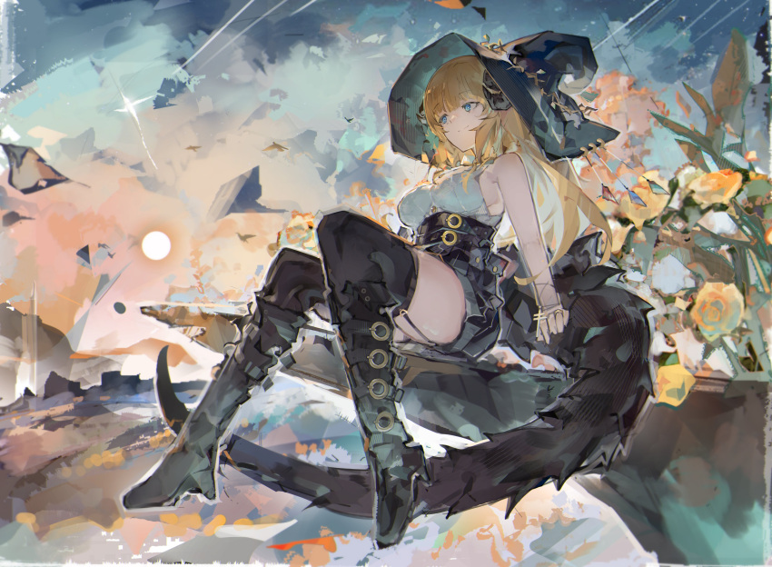 1girl abstract_background absurdres bird blonde_hair blue_eyes boots breasts dragon_tail hat highres horns jumbowhopper ledge original sideboob solo sun tail witch_hat