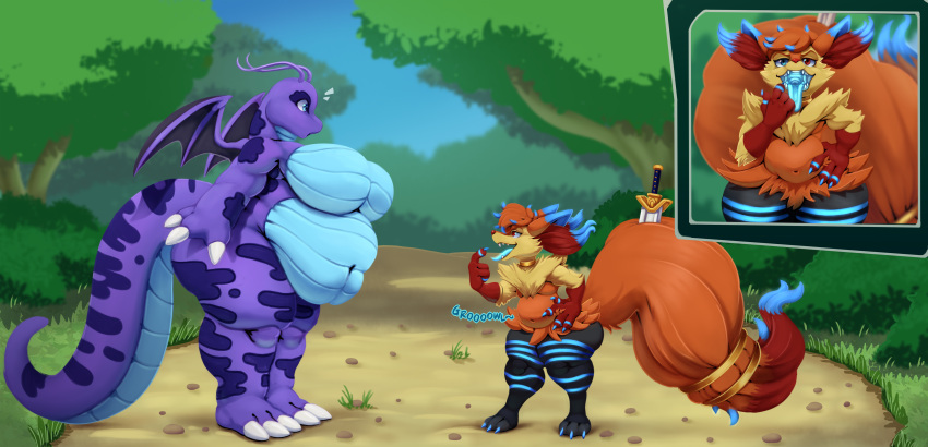 absurd_res anthro anthro_pred anthro_prey bar_emanata belly big_belly big_breasts big_tail braixen breasts bronzebanana cutaway dragonite duo featureless_breasts female female_prey fluffy fluffy_tail forest generation_1_pokemon generation_6_pokemon girly hand_on_hip hi_res hungry imminent_oral_vore imminent_vore inner_ear_fluff larger_anthro larger_prey male male_pred navel nintendo open_mouth outside overweight overweight_anthro overweight_female plant pointing_at_mouth pokemon pokemon_(species) potbelly rumbling_stomach size_difference smaller_anthro smaller_pred tail thick_calves thick_thighs tongue tongue_out tree tuft vore wide_hips