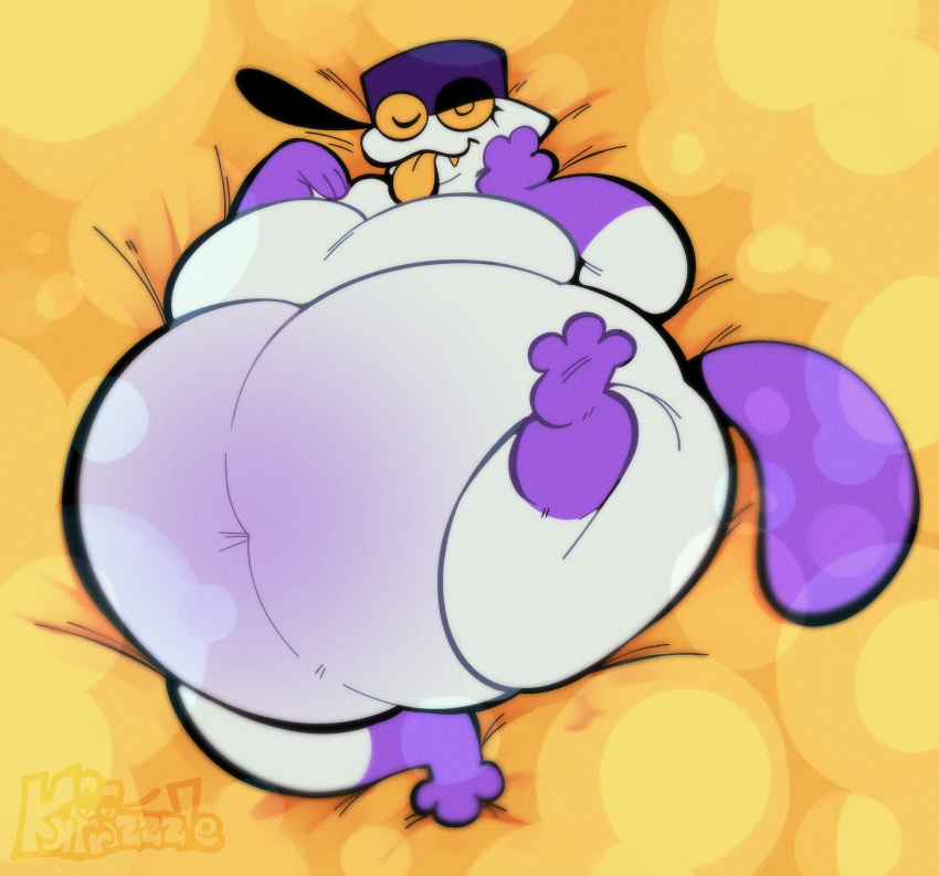 2023 ambiguous_gender anthro belly big_belly breasts clothing fangs feet flat_colors hat headgear headwear hi_res huge_belly kafreak kafrizzzle navel obese obese_anthro one_eye_closed overweight overweight_anthro purple_clothing purple_feet purple_hands purple_hat purple_headwear purple_tail seductive simple_background smile solo tail teeth tongue unknown_species watermark white_body wink yellow_background yellow_eyes yellow_tongue