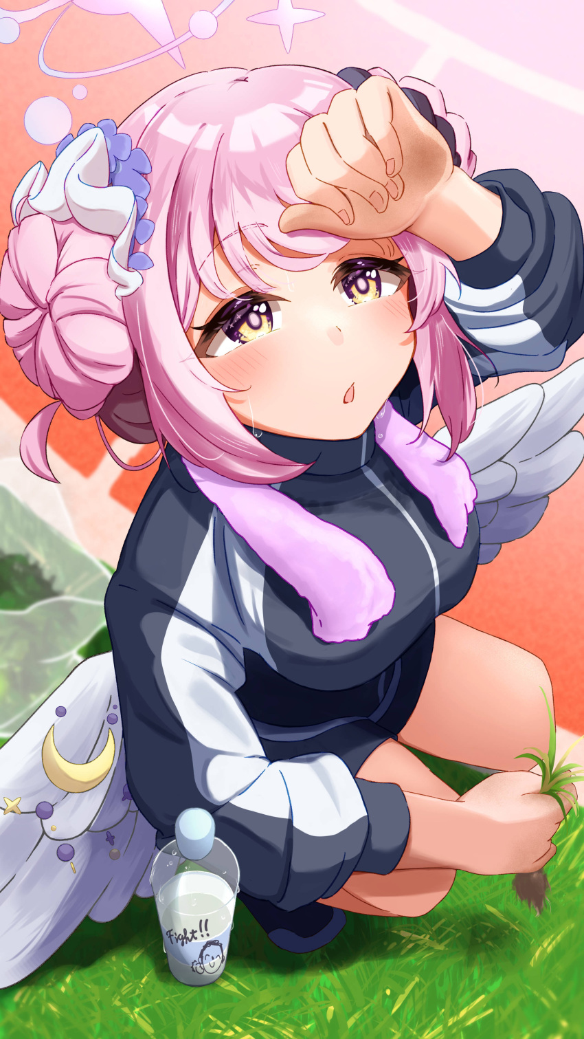 1girl absurdres angel_wings blue_archive blush bottle breasts double_bun grass hair_bun halo highres jacket large_breasts looking_up mika_(blue_archive) ogat_0427 outdoors pink_hair running_track solo squatting sweatdrop track_jacket water_bottle white_wings wings wiping_sweat