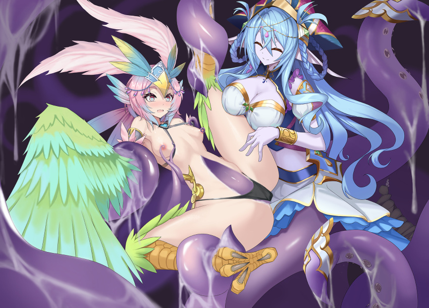 2girls animal_ears bian_qunqing bird_ears bird_legs black_panties blue_hair blush bracelet breasts carol_(clover_theater) chinese_commentary cleavage closed_eyes clover_theater colored_skin commentary_request consensual_tentacles feathers gradient_hair green_feathers green_wings hair_ornament harpy headdress highres imola_(clover_theater) jewelry large_breasts lifting_person long_hair monster_girl multicolored_hair multiple_girls navel nipple_tweak nipples open_mouth panties pink_hair pointy_ears purple_eyes purple_skin scylla short_hair slime_(substance) small_breasts talons tentacles underwear winged_arms wings