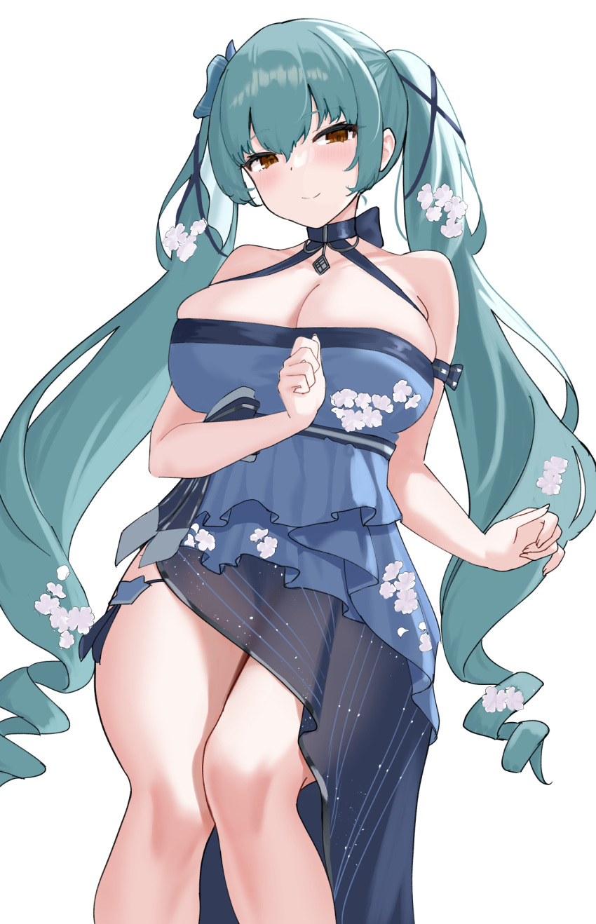 1girl aqua_hair bare_shoulders blue_dress blush breasts brown_eyes choker cleavage closed_mouth collarbone dress drill_hair feet_out_of_frame floral_print from_below goddess_of_victory:_nikke halter_dress halterneck highres large_breasts long_hair looking_at_viewer off-shoulder_dress off_shoulder privaty_(nikke) see-through see-through_skirt simple_background skindentation skirt smile solo twin_drills twintails very_long_hair white_background wide_hips xi_oshir1