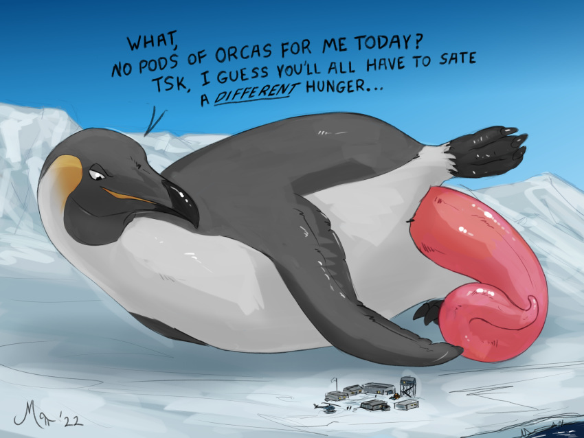 2022 4:3 antarctica avian big_penis bird dialogue digital_media_(artwork) emperor_penguin english_text feral genitals hi_res huge_penis ice macro magpi male penguin penis pink_penis prehensile_penis solo tapering_penis text