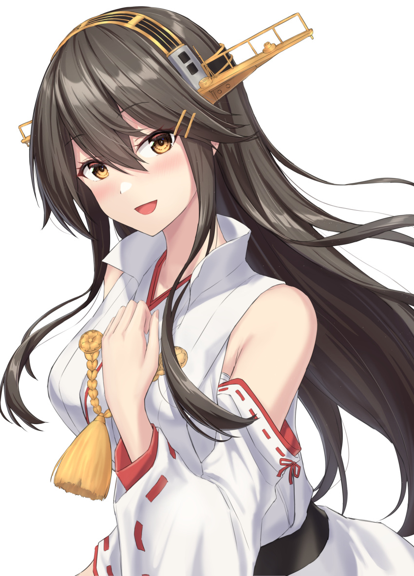 1girl absurdres bare_shoulders black_hair blush brown_eyes detached_sleeves hair_between_eyes hair_ornament hairband hairclip haruna_(kancolle) haruna_kai_ni_(kancolle) headgear highres japanese_clothes kantai_collection long_hair looking_at_viewer monoku nontraditional_miko open_mouth ribbon-trimmed_sleeves ribbon_trim simple_background smile solo upper_body white_background wide_sleeves