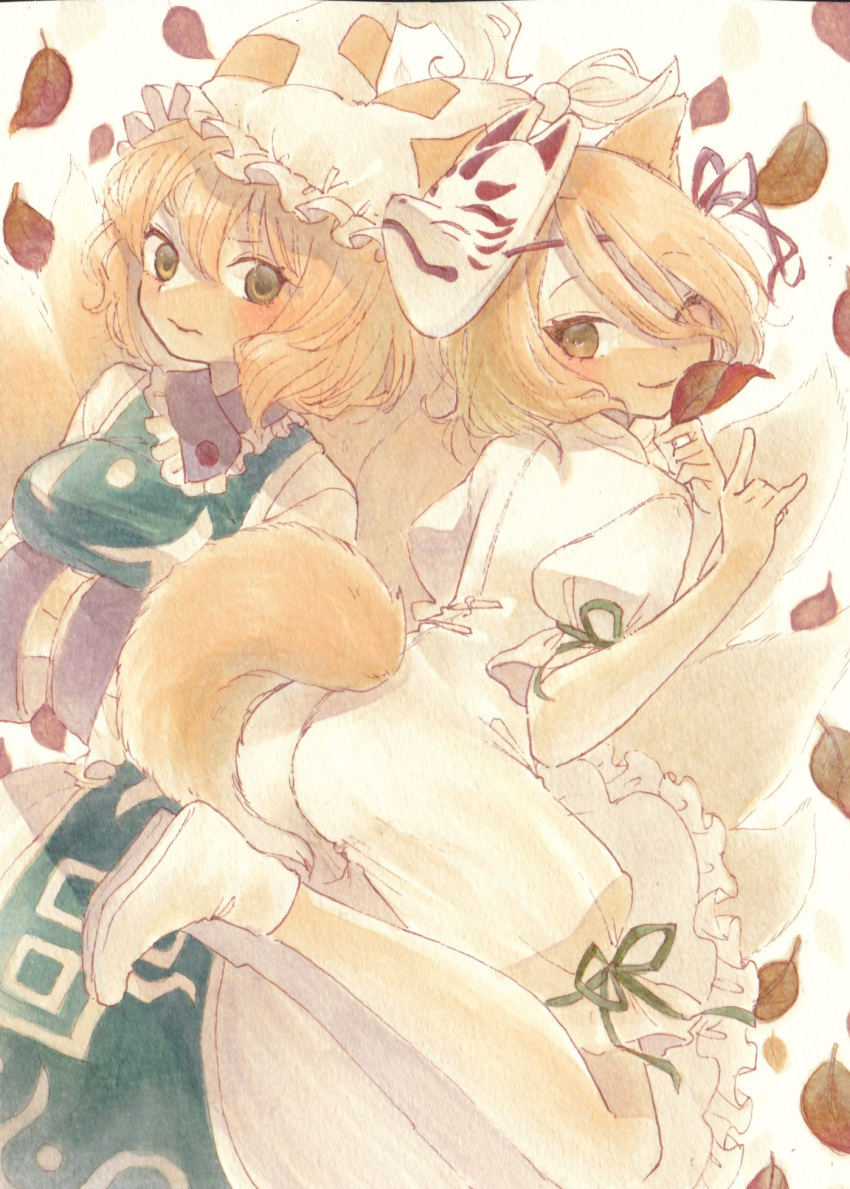 2girls ;) animal_ears blonde_hair brown_eyes closed_mouth commentary_request dress fox_ears fox_girl fox_mask fox_tail hat highres jumpsuit kudamaki_tsukasa looking_at_viewer mask mob_cap multiple_girls one_eye_closed sasa6666s short_hair smile tabard tail touhou white_dress white_footwear white_headwear white_jumpsuit yakumo_ran