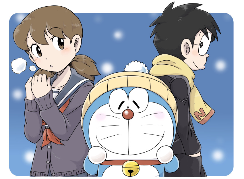 1boy 1girl absurdres bell black_hair blush border breath brown_eyes brown_hair cold collar collarbone doraemon doraemon_(character) glasses hands_in_pockets hat highres jingle_bell minamoto_shizuka neck_bell neckerchief nobi_nobita red_collar red_neckerchief red_nose sailor_collar scarf school_uniform short_hair smile truth-pp twintails whiskers white_border winter_clothes yellow_scarf