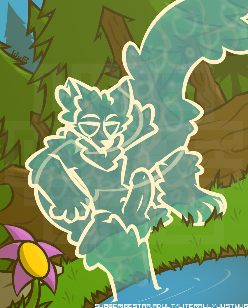 anthro balls canid canine canis crossgender elemental_creature empty_eyes flower foot_in_water forest genitals grass hadva_(wub) hair hand_behind_head hi_res humanoid_genitalia humanoid_penis inner_ear_fluff long_hair male mammal neck_tuft nude one_leg_up penis plant pond raised_leg rock signature sitting solo text translucent translucent_body tree tuft url water water_creature watermark wolf wub_(artist)