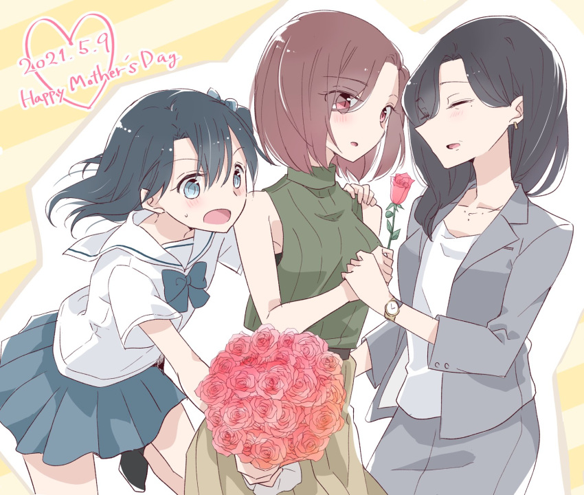 3girls 66ta1yak1 age_difference black_hair blush bouquet brown_hair english_text flower grandmother_and_granddaughter hanamura_sayaka hanamura_yuuki highres holding holding_bouquet holding_flower holding_hands incest long_hair medium_hair mother's_day mother_and_daughter multiple_girls onee-loli red_flower red_rose rose school_uniform serafuku third-party_source watch white_serafuku wristwatch yuri yuru_oyako