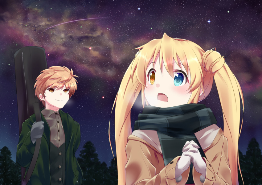 1boy 1girl aurora blonde_hair blue_eyes blush brown_coat casual coat commentary_request d: eyelashes gloves green_coat green_scarf grey_gloves hair_between_eyes heterochromia interlocked_fingers long_hair long_sleeves looking_up nakatsu_shizuru night open_mouth orange_hair outdoors own_hands_together rewrite scarf shooting_star short_hair sky spiked_hair star_(sky) stargazing starry_sky surprised tagame_(tagamecat) tennouji_kotarou twintails upper_body visible_air white_gloves winter winter_clothes yellow_eyes