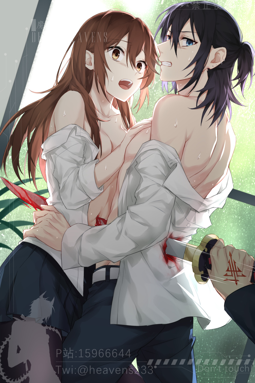 1boy 1girl absurdres black_hair blood blush breasts brown_eyes brown_hair couple devil_heavens gasp guro hand_on_another's_chest hand_on_another's_hip highres hori-san_to_miyamura-kun hori_kyouko impaled injury medium_breasts miyamura_izumi ryona school_uniform shirt_down skirt stab surprised sweat teeth thighhighs