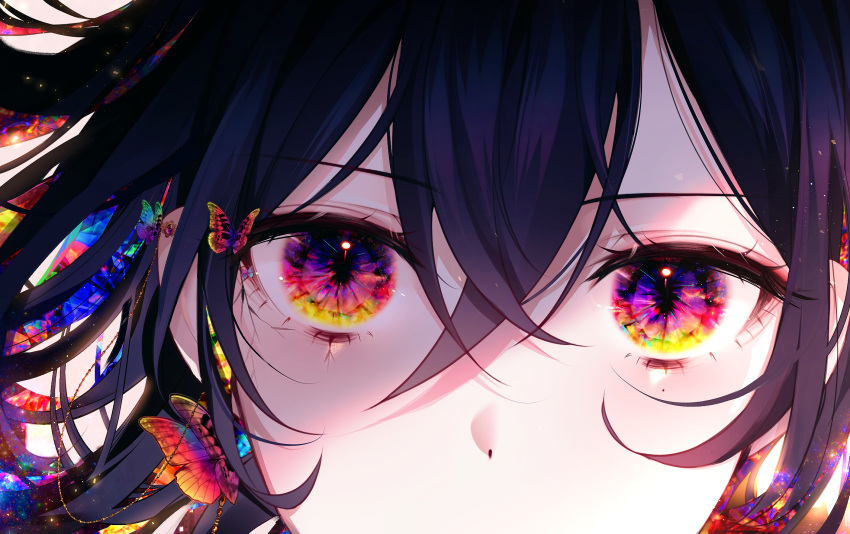 1girl 58_(opal_00_58) black_hair bug butterfly close-up commentary crossed_bangs english_commentary eye_focus hair_between_eyes highres looking_at_viewer medium_hair multicolored_eyes original purple_eyes red_eyes solo yellow_eyes