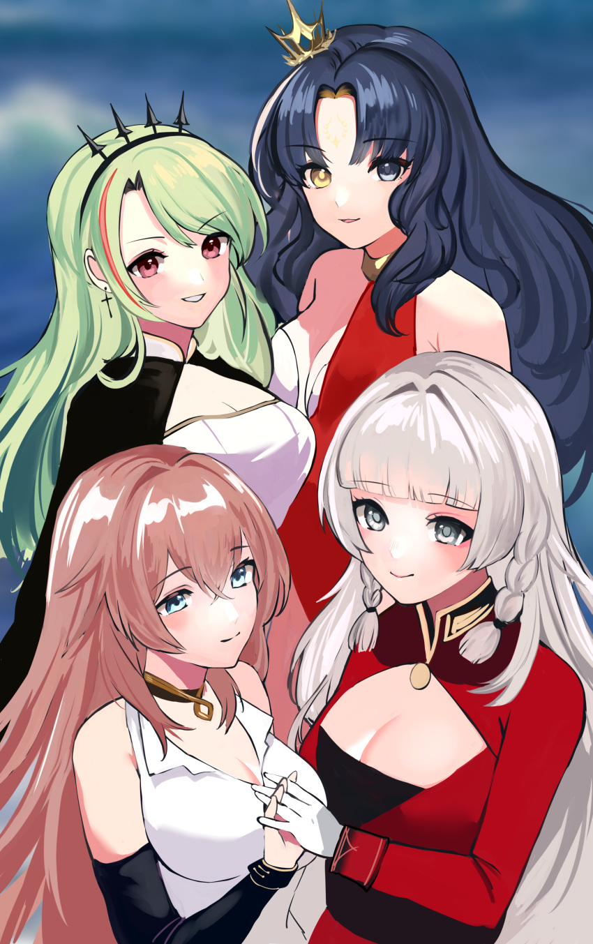 4girls absurdres azur_lane black_hair breasts crown dress green_hair grey_hair heterochromia highres holding_hands impero_(azur_lane) jacket large_breasts littorio_(azur_lane) multiple_girls pink_hair red_jacket roma_(azur_lane) sak_orz vittorio_veneto_(azur_lane) white_dress