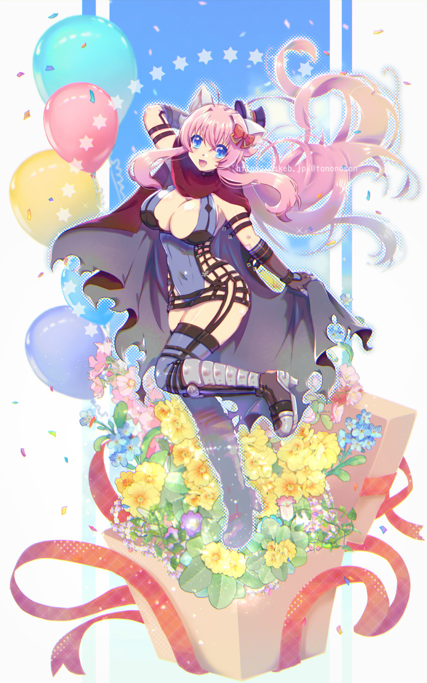 1girl absurdres animal_ears arm_up armored_boots balloon blue_eyes blue_flower blue_leotard blue_thighhighs blush boots bow box breasts brown_gloves cape cape_hold cat_ears commentary_request commission covered_navel elbow_gloves floating_hair flower full_body gift gift_box gloves grey_cape hair_bow hexagram highres large_breasts leotard long_hair looking_at_viewer medium_bangs open_mouth pink_flower pink_hair purple_flower ragnarok_online red_bow red_scarf scarf shadow_cross_(ragnarok_online) skeb_commission smile solo standing standing_on_one_leg star_(symbol) tanono thighhighs yellow_flower