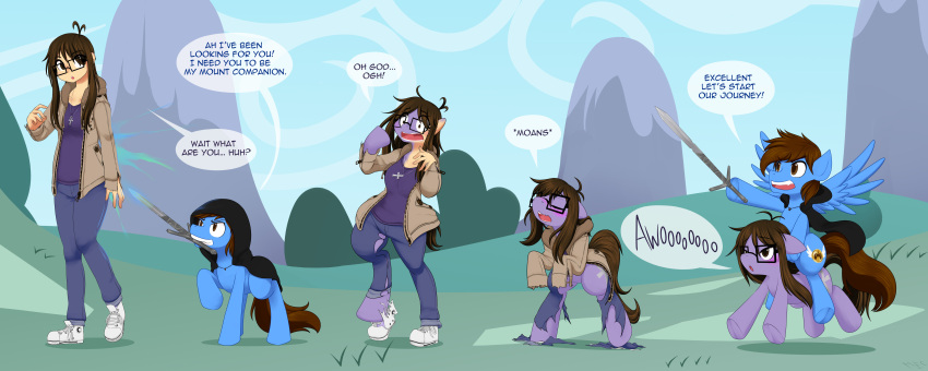 absurd_res ahoge alternate_species anthro awoo blue_body blue_fur bottomwear brown_clothing brown_eyes brown_hair brown_jacket brown_mane brown_tail brown_topwear clothing converse converse_shoes cutie_mark denim denim_bottomwear denim_clothing duo earth_pony equid equine eyewear fan_character female feral footwear forced forced_transformation friendship_is_magic from_behind_position fur furrification glasses hair hasbro hi_res hooded_cape hooves horse human jacket jeans long_sleeves magic male male/female mammal mane melee_weapon mentalcrash moan mounting my_little_pony pants pegasus ponification pony ponyville purple_body purple_clothing purple_fur purple_shirt purple_topwear riding riding_on_back scared sex shirt shoes shrinking size_transformation sleeves_past_fingers sleeves_past_wrists sword sword_in_mouth tail topwear torn_clothing transformation transformation_sequence transformation_through_magic transfurmations weapon white_clothing white_footwear white_shoes winged_pony wings