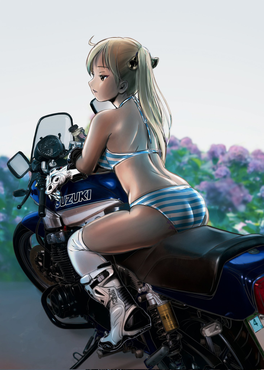 ass bakuon!! bell bikini blonde_hair blue_bikini boots brown_eyes cowlick flower from_side gloves good_ass_day hair_bell hair_ornament highres motor_vehicle motorcycle on_motorcycle sakuma_masanori sitting striped striped_bikini suzuki_(company) suzunoki_rin swimsuit thighhighs twintails white_thighhighs