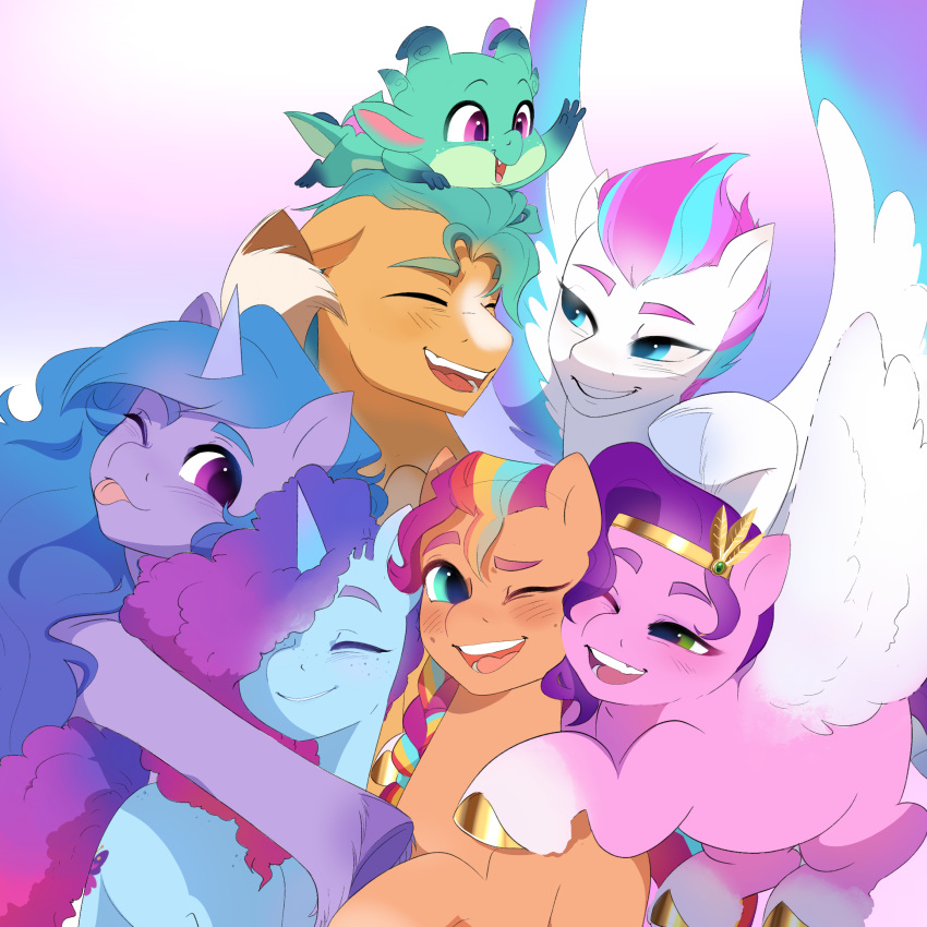 aztrial blush braided_hair braided_ponytail earth_pony embrace equid equine female green_body green_scales group group_hug hair hasbro hi_res hitch_trailblazer_(mlp) hooves horn horse hug izzy_moonbow_(mlp) male mammal misty_(g5) mlp_g5 my_little_pony pegasus pipp_petals_(mlp) pony ponytail scales sparky_sparkeroni_(mlp) sunny sunny_starscout_(mlp) unicorn wings zipp_storm_(mlp)
