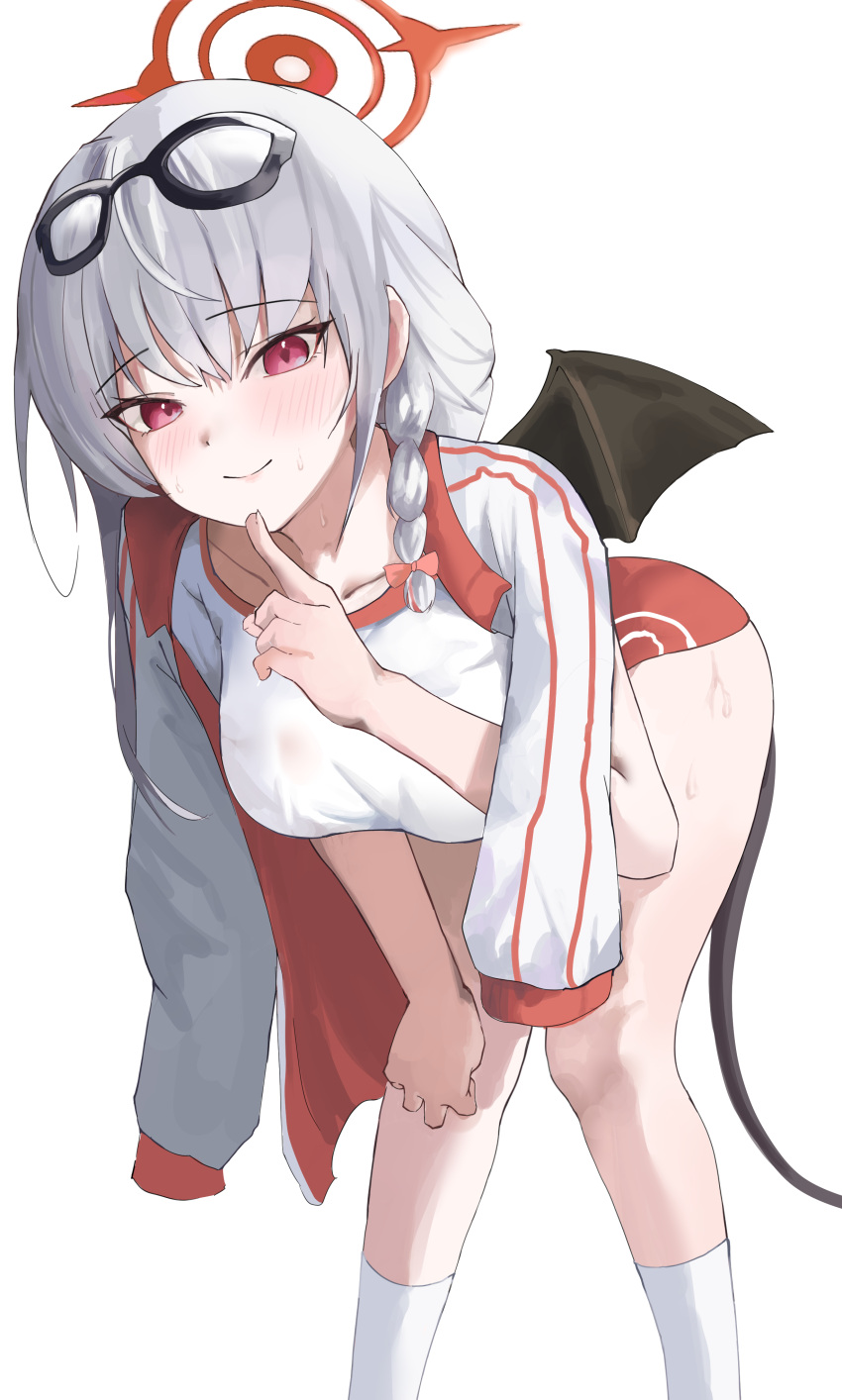 1girl absurdres bent_over black-framed_eyewear blue_archive blush braid breasts buruma collarbone demon_tail demon_wings eyewear_on_head feet_out_of_frame grey_hair gym_shirt gym_uniform halo hanol_0 haruna_(blue_archive) haruna_(track)_(blue_archive) highres jacket jacket_on_shoulders kneehighs large_breasts looking_at_viewer official_alternate_costume red_buruma red_eyes shirt short_sleeves simple_background single_braid single_wing smile socks solo sweat sweaty_clothes tail track_jacket white_background white_socks wings