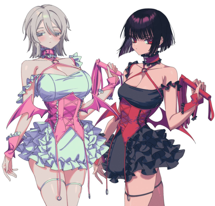2girls alternate_costume angellyuna bare_shoulders black_dress black_hair blue_eyes breasts choker cleavage closed_mouth demon_wings dress fake_wings faust_(limbus_company) frilled_dress frills highres holding holding_whip large_breasts limbus_company long_sleeves looking_at_viewer multiple_girls pink_choker pink_corset pink_wings project_moon red_choker red_eyes red_wings ryoshu_(limbus_company) short_hair sleeveless sleeveless_dress strap_slip white_dress white_hair wings