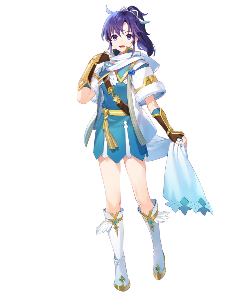 1girl ahoge alternate_costume arm_guards asahikawa_hiyori belt boots dress feather_trim fingerless_gloves fir_(fire_emblem) fir_(resplendent)_(fire_emblem) fire_emblem fire_emblem:_the_binding_blade fire_emblem_heroes full_body fur_trim gloves gold_trim gradient_clothes hair_ornament hand_up highres holding knee_boots long_hair looking_at_viewer non-web_source official_alternate_costume official_art open_mouth purple_eyes purple_hair scarf short_dress short_sleeves side_ponytail smile solo standing transparent_background