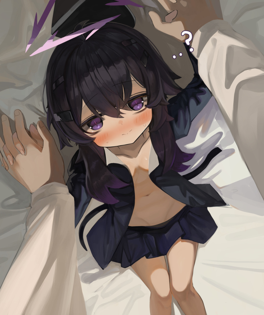 ...? 1boy 1girl arm_up bed_sheet black_hair black_headwear black_jacket black_skirt blue_archive blush breasts closed_mouth dokomon feet_out_of_frame garrison_cap gradient_hair groin hair_between_eyes halo hand_up haruka_(blue_archive) hat hat_removed headwear_removed highres holding_hands interlocked_fingers jacket long_sleeves lying multicolored_hair navel no_shirt nose_blush on_back open_clothes open_jacket pillow pleated_skirt purple_eyes purple_hair sensei_(blue_archive) skirt small_breasts solo_focus sweat upside-down