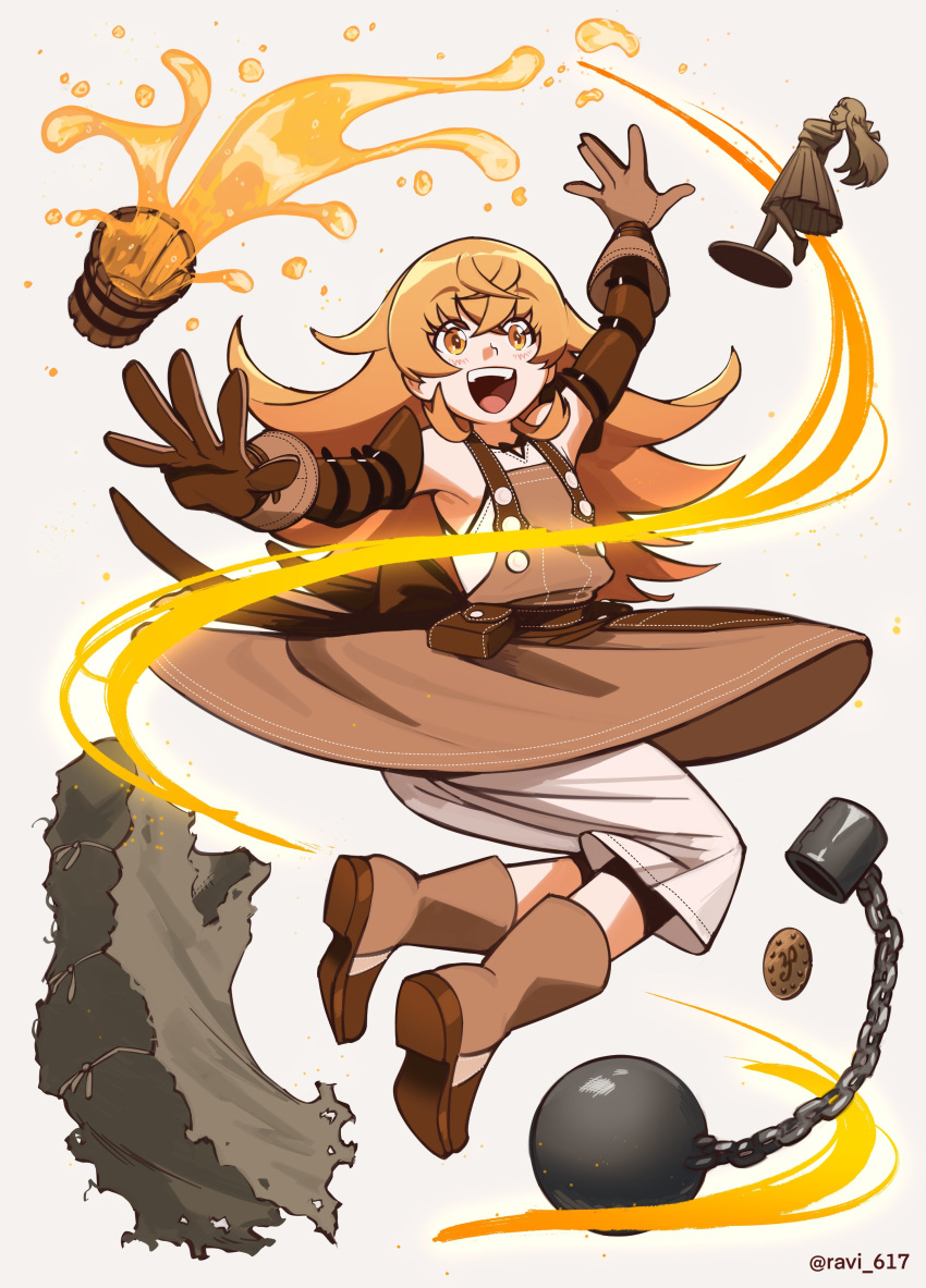 1girl :d absurdres ball_and_chain_restraint bare_shoulders boots brown_dress brown_eyes brown_footwear brown_gloves brown_hair brown_sleeves bucket chain commentary_request detached_sleeves dress figure full_body gloves grey_background hair_between_eyes highres juliette_(mushoku_tensei) long_hair long_sleeves mushoku_tensei ravi_617 shoe_soles simple_background sleeveless sleeveless_dress smile solo very_long_hair white_dress