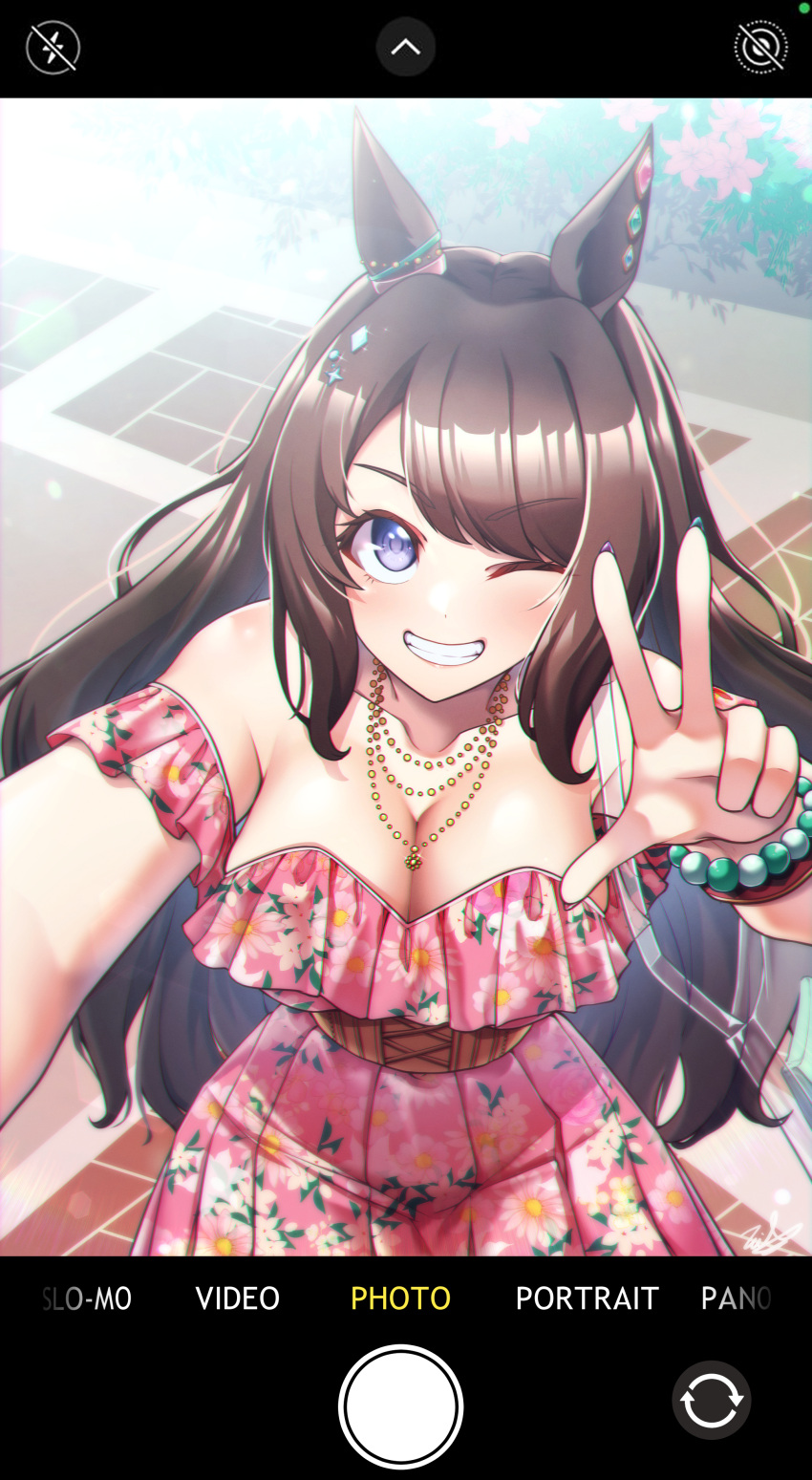 1girl absurdres alternate_costume alternate_hairstyle animal_ears bag blush breasts brown_hair chanakim cleavage collarbone dress grin hair_ornament handbag highres horse_ears horse_girl jewelry long_hair medium_breasts necklace purple_eyes selfie smile solo tosen_jordan_(umamusume) umamusume v