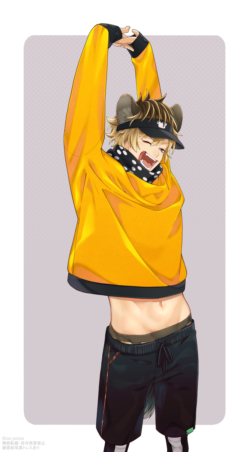 1boy absurdres animal_ears arms_up black_pants black_shorts blonde_hair clothes_lift con_potata fangs hair_between_eyes highres hyena_ears hyena_tail long_sleeves male_underwear midriff navel one_eye_closed open_clothes open_mouth open_shirt pants ruggie_bucchi shirt shirt_lift shorts spiked_hair stomach sweatpants twisted_wonderland underwear yellow_shirt