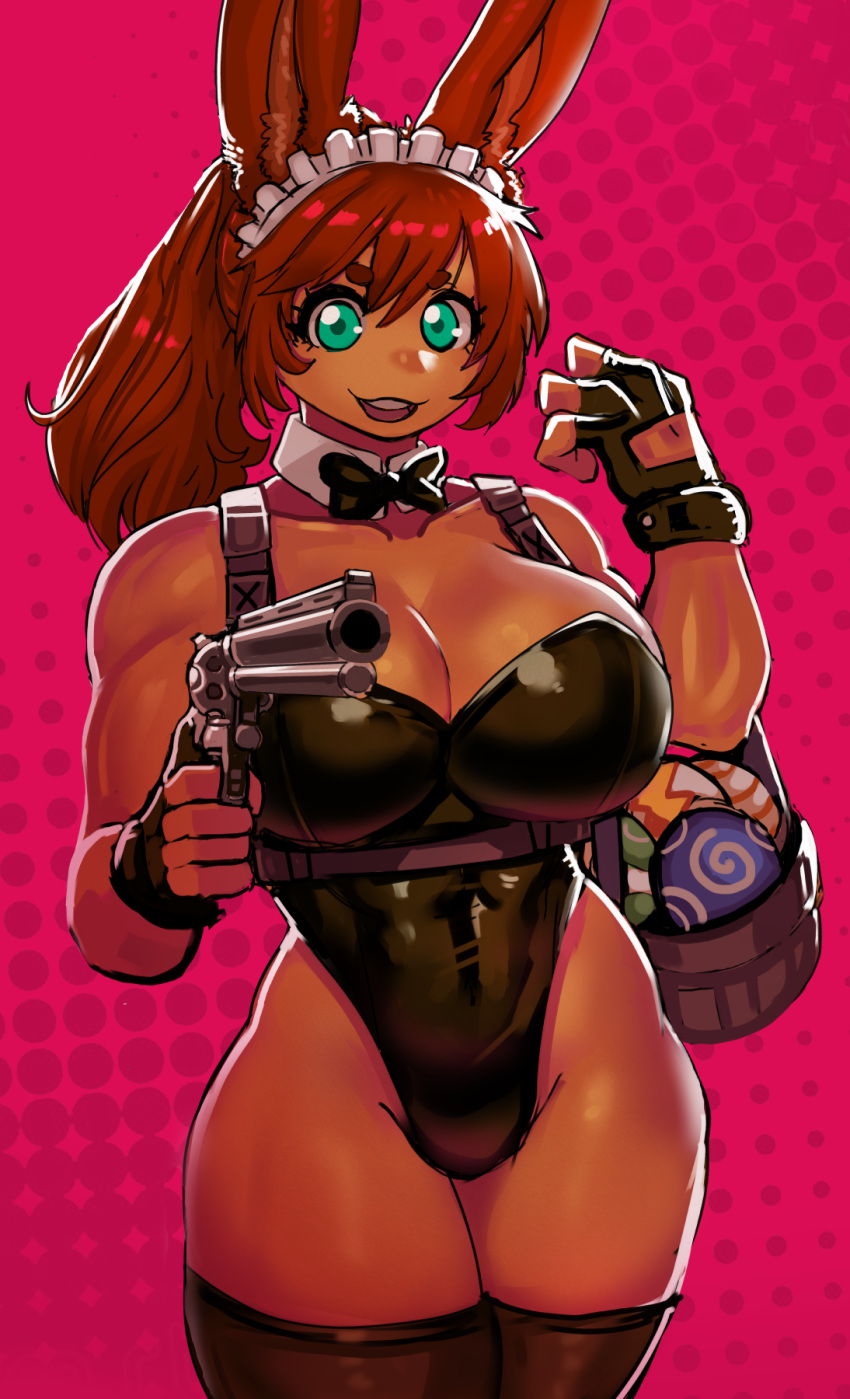 2023 animal_humanoid basket big_breasts bow_tie breasts cleavage clothed clothing container easter easter_egg ezzyecchi female gun hair handgun hi_res holidays humanoid lagomorph lagomorph_humanoid leotard leporid_humanoid maid_headdress mammal mammal_humanoid rabbit_humanoid ranged_weapon red_hair revolver shirt_collar solo tan_body tan_skin weapon