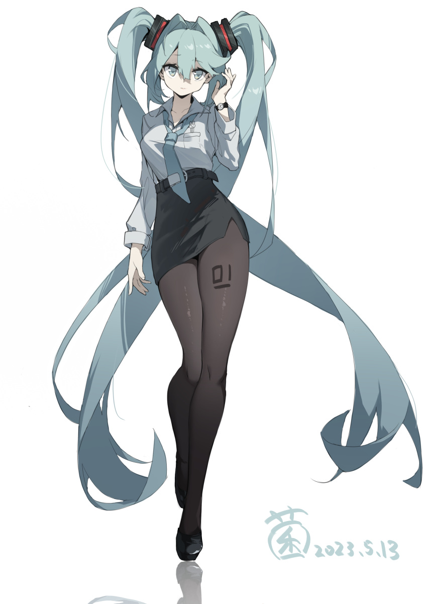 1girl absurdres alternate_costume black_pantyhose black_skirt blue_eyes blue_hair blue_necktie breasts collared_shirt dated grey_shirt hand_up hatsune_miku high-waist_skirt highres long_hair long_sleeves looking_at_viewer medium_breasts miniskirt necktie number_tattoo office_lady pantyhose pocket shirt side_slit simple_background skirt tattoo tie_clip twintails ulrica.h very_long_hair vocaloid watch white_background wristwatch