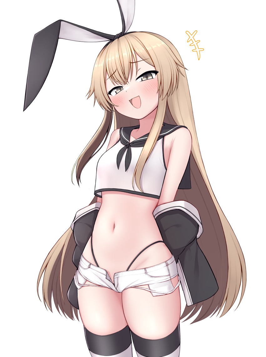 +++ 1girl absurdres black_jacket black_neckerchief black_panties black_sailor_collar blonde_hair blush commentary_request crop_top hair_between_eyes hairband highleg highleg_panties highres jacket kantai_collection long_hair long_sleeves looking_at_viewer micro_shorts neckerchief off_shoulder open_clothes open_mouth open_shorts panties sailor_collar shimakaze_(kancolle) short_shorts shorts simple_background sleeveless smug solo striped striped_thighhighs thighhighs tiemu_(man190) underwear very_long_hair white_background white_shorts yellow_eyes