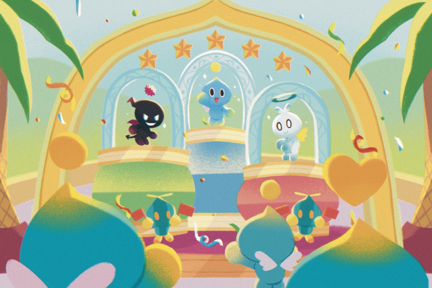 chao_(sonic) commentary confetti dark_chao english_commentary flag halo heart hero_chao highres holding holding_flag no_humans omochao smile sonic_(series) stripedpants wings